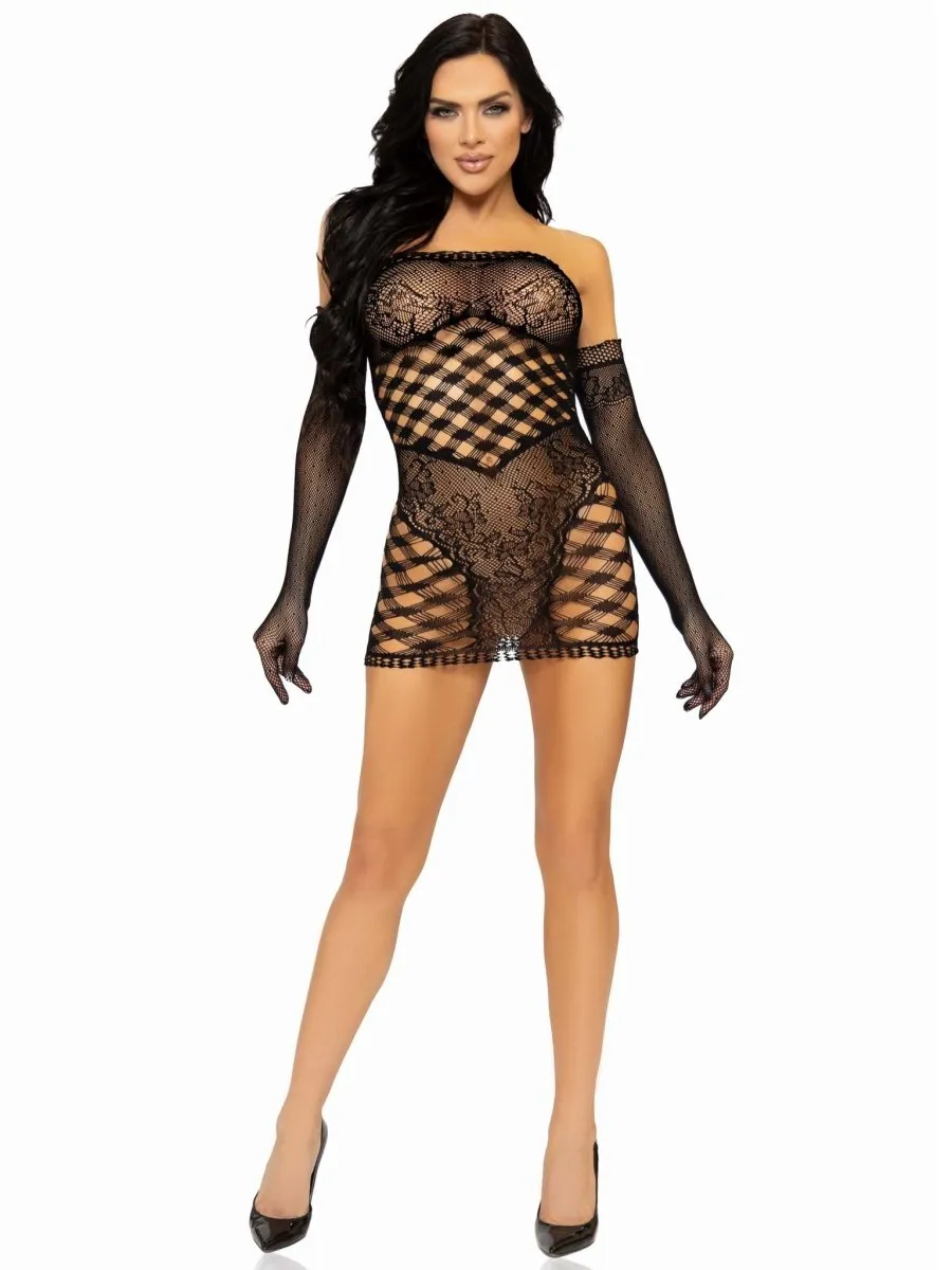 2 Pc Hardcore Net Tube Dress With Gloves - One Size