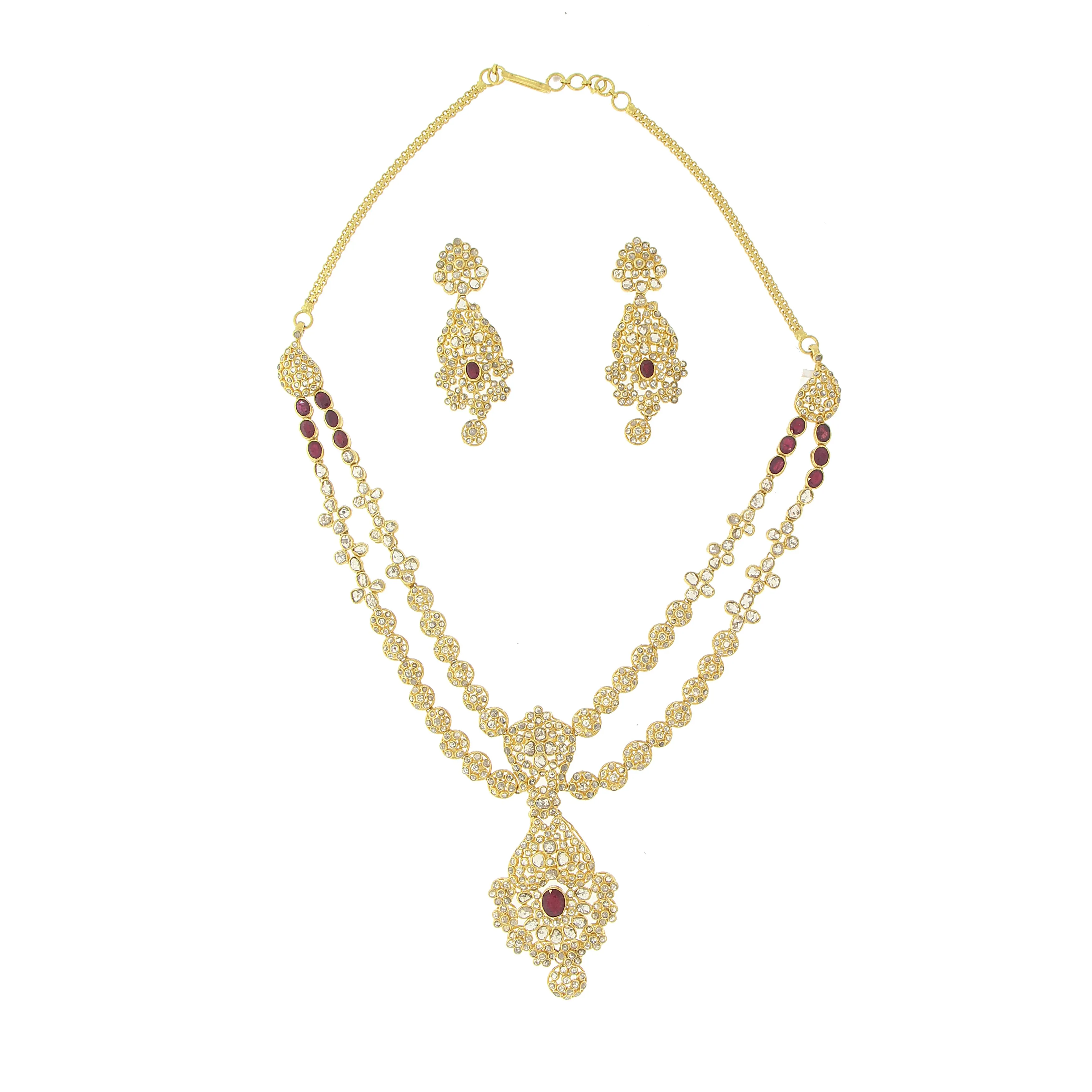 3 PIECE POLKI 22k Gold NECKLACE SET WITH RUBY