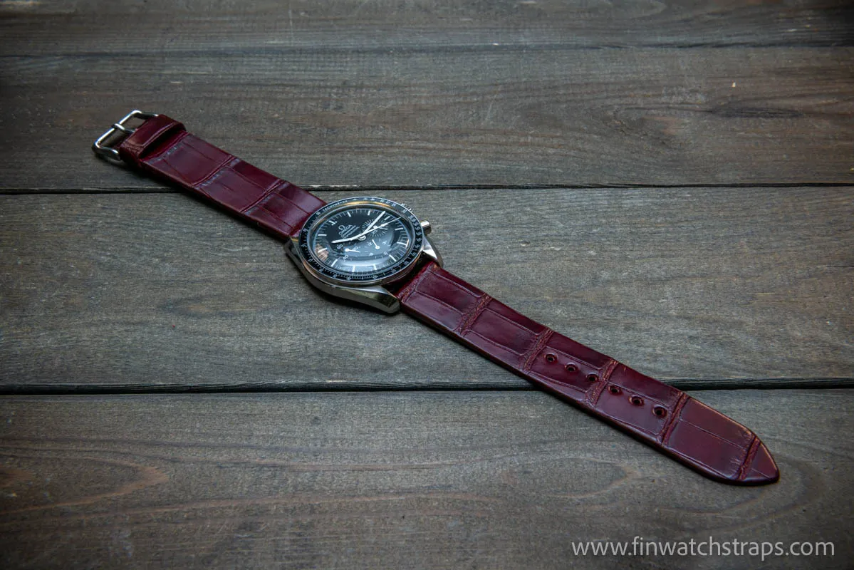 Alligator watch strap, French Croco, Burgundy, handmade in Finland, 10-26 mm.