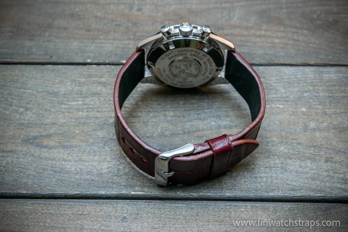 Alligator watch strap, French Croco, Burgundy, handmade in Finland, 10-26 mm.