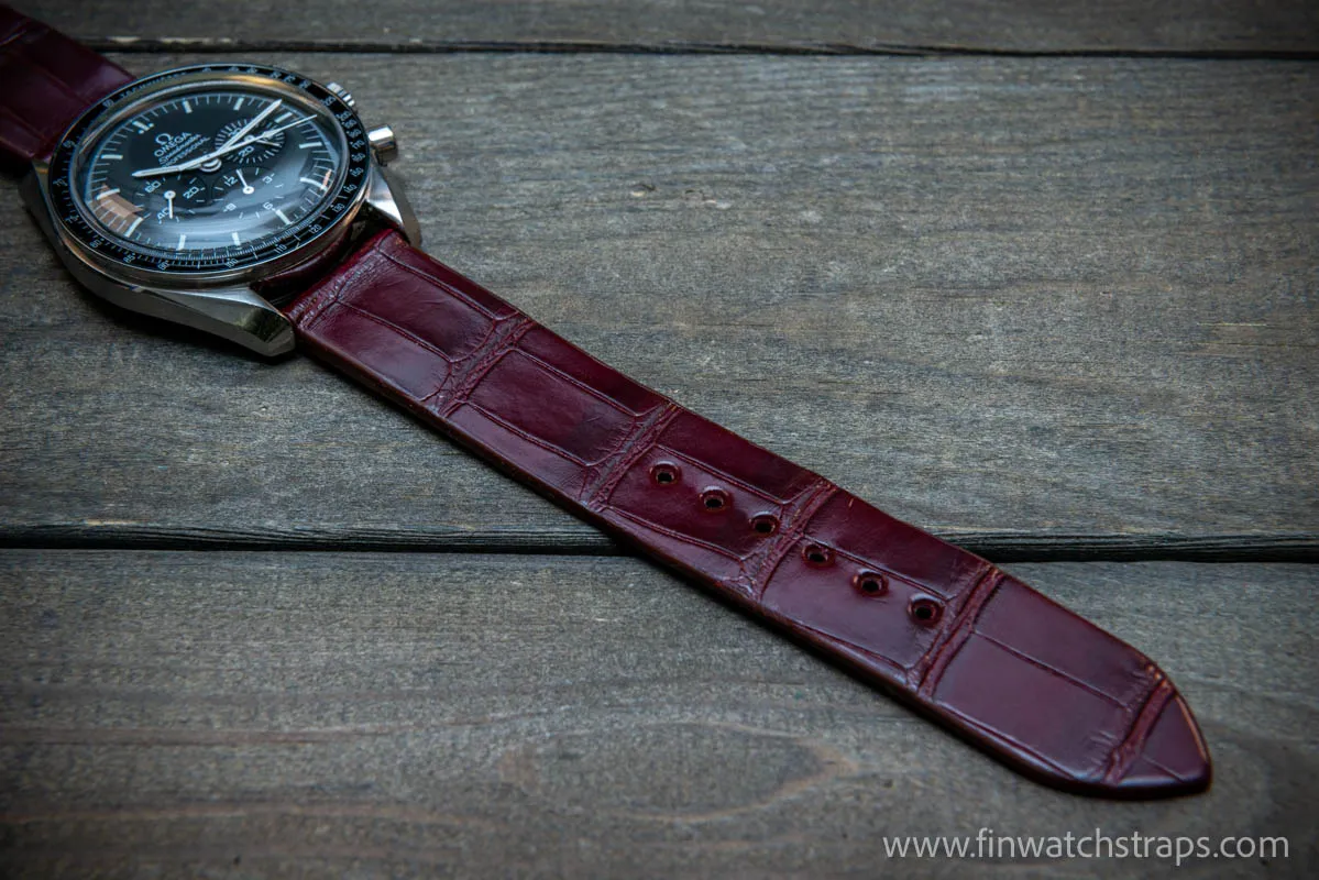 Alligator watch strap, French Croco, Burgundy, handmade in Finland, 10-26 mm.