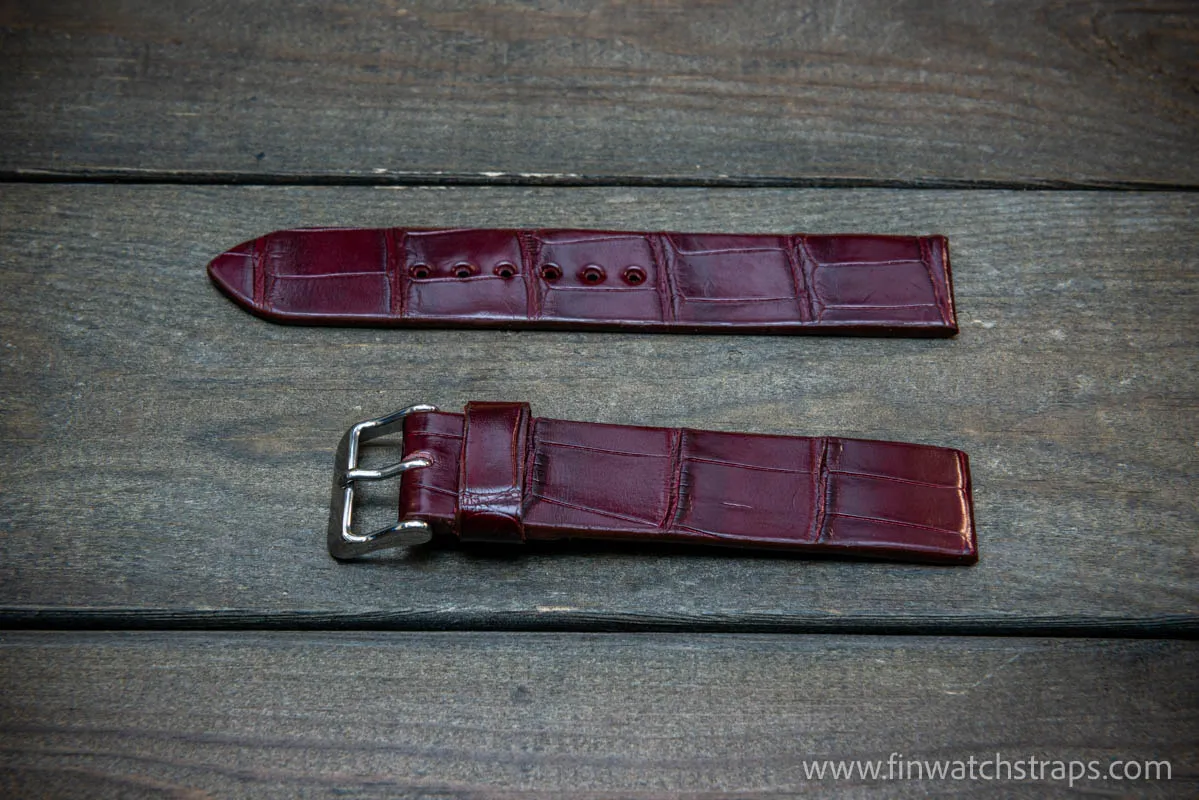 Alligator watch strap, French Croco, Burgundy, handmade in Finland, 10-26 mm.