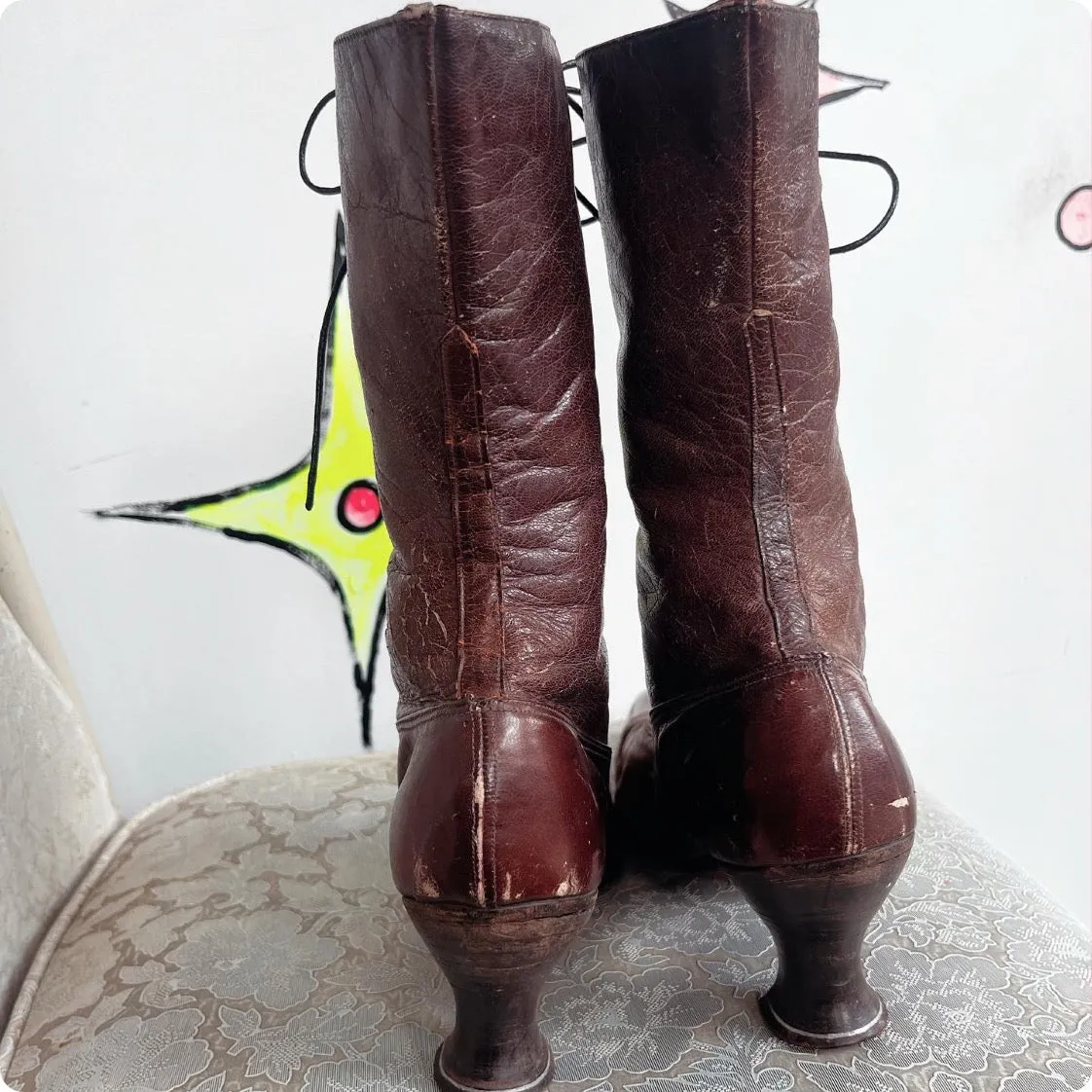 Antique Leather Victorian Boots | Brown Pointy Lace Up Boots | Size 7.5 8