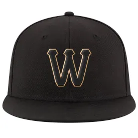 Custom Black Black-Old Gold Stitched Adjustable Snapback Hat