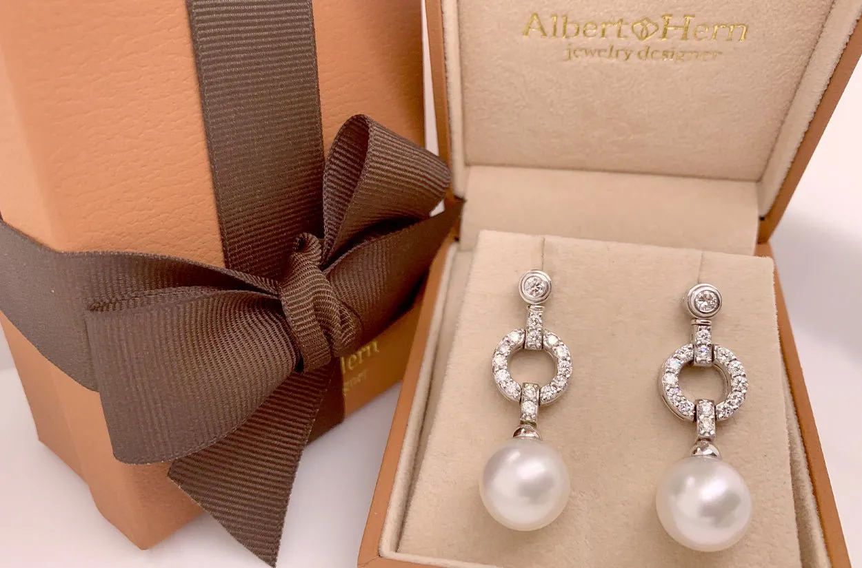 Earrings 18kt White Gold Large Dangle South Sea Pearl & Diamonds