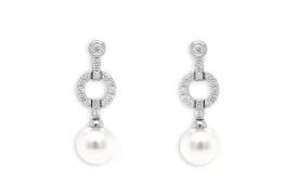 Earrings 18kt White Gold Large Dangle South Sea Pearl & Diamonds