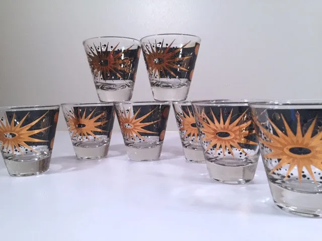 Fred Press - Signed Mid-Century Celestial/Atomic Burst 22-Karat Gold & Black Double-Shot/Whiskey Glasses (Set of 8)