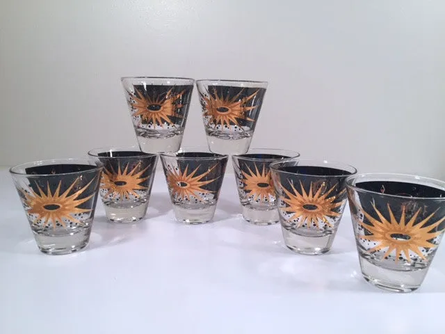 Fred Press - Signed Mid-Century Celestial/Atomic Burst 22-Karat Gold & Black Double-Shot/Whiskey Glasses (Set of 8)