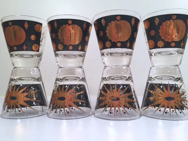 Fred Press - Signed Mid-Century Celestial/Atomic Burst 22-Karat Gold & Black Double-Shot/Whiskey Glasses (Set of 8)