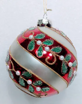 Glass Round Red/Silver Swirl Ornament with Pearls