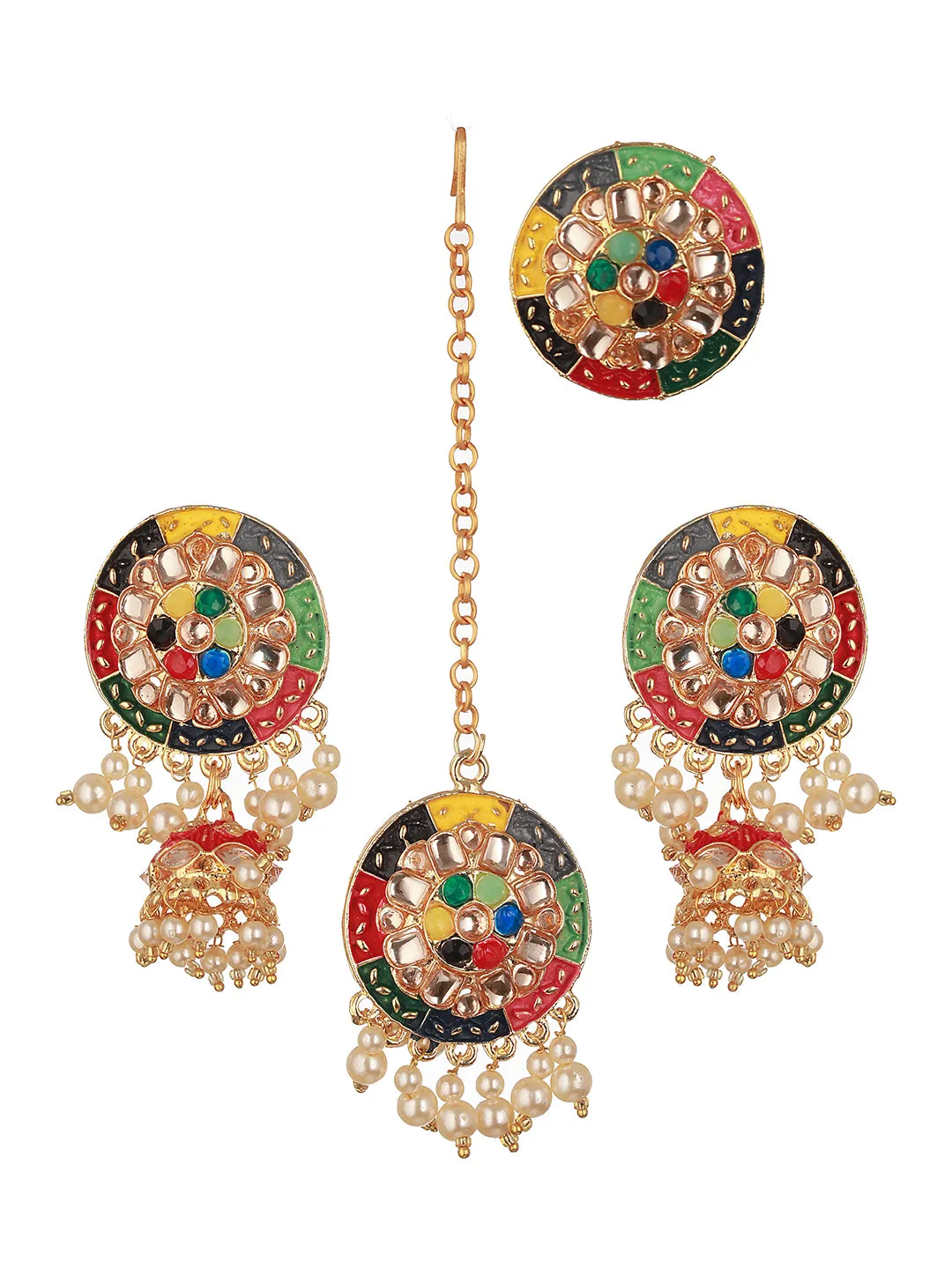 Gold-Plated Stoine-Studded & Beaded Jewellery Set