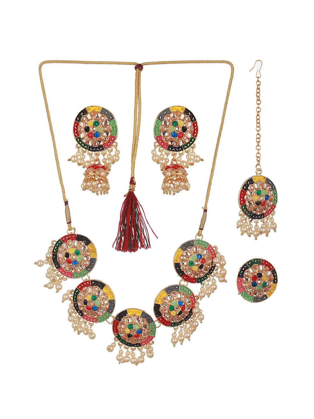 Gold-Plated Stoine-Studded & Beaded Jewellery Set