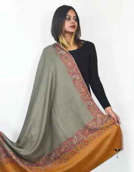 Grey & Macaroon Beige Pashmina Shawl With Sozni Borders 5661