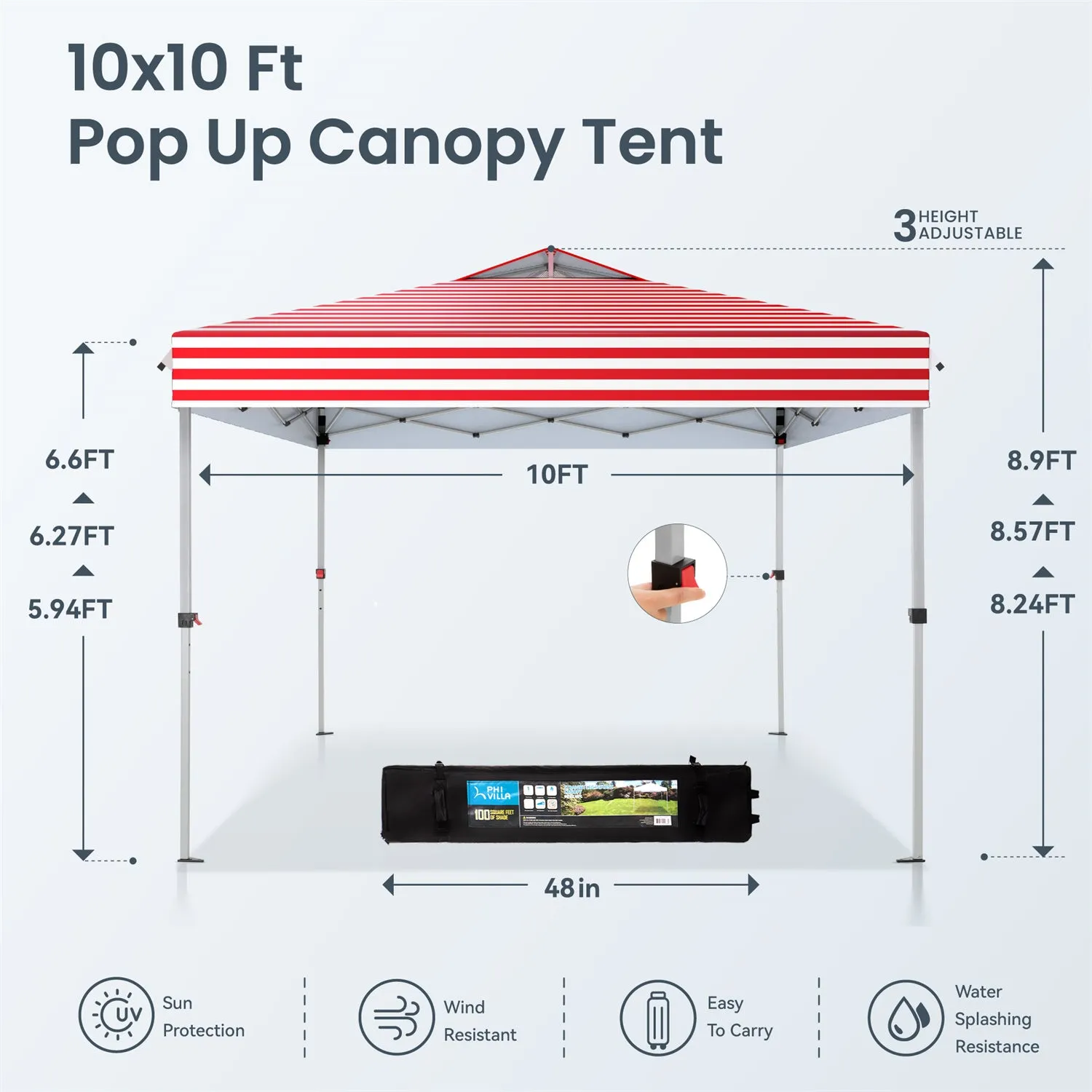 PHI VILLA 10x10Ft Pop Up Canopy Tent with Wheeled Bag,Straight Legs, 100 Sq. Ft