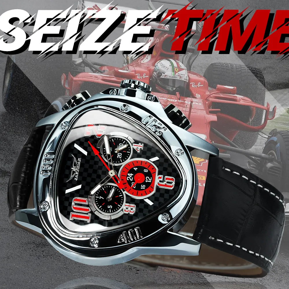 Sports Pilot Triangle Automatic Mechanical Watch for Men Sub-Dials Leather Strap Jaragar Watches