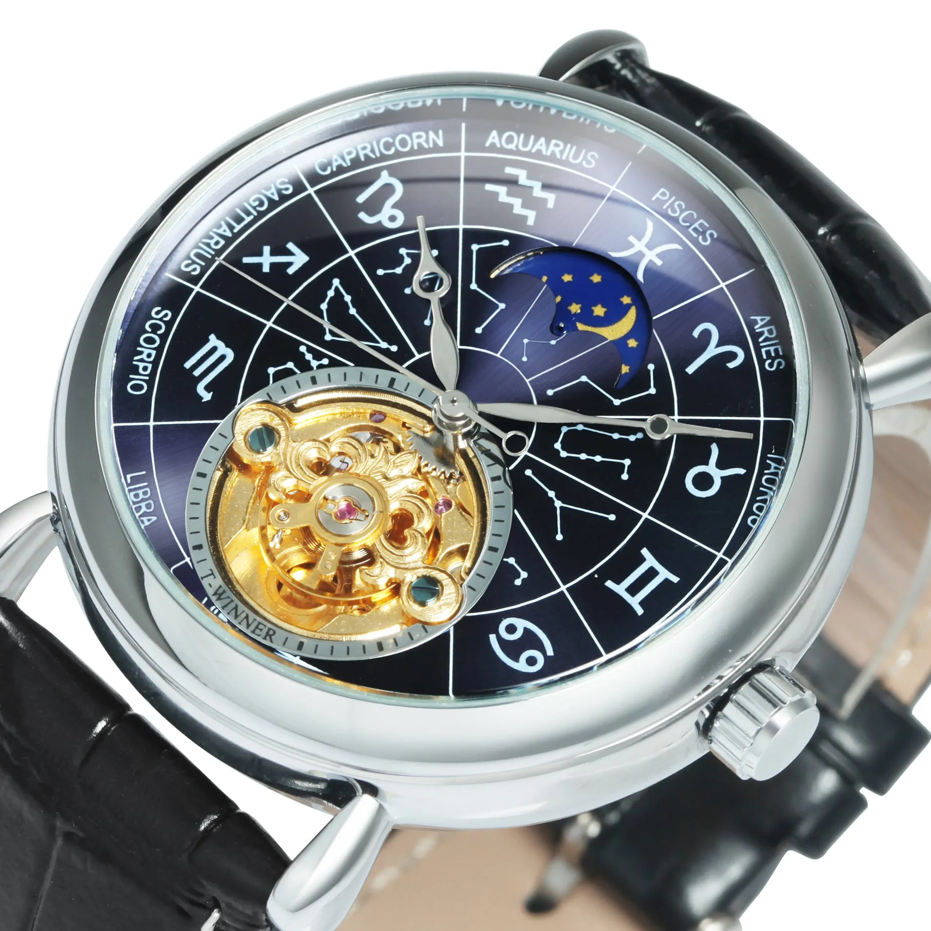 WINNER 12 Zodiac Constellations Astronomical Fashion Automatic Mechanical Watches Luxury Tourbillon Skeleton Business Watch for Men Casual Genuine Leather Belt